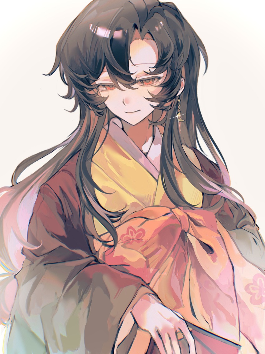 1boy, absurdres, black_hair, bow, brown_haori, call_of_cthulhu, closed_mouth, crescent