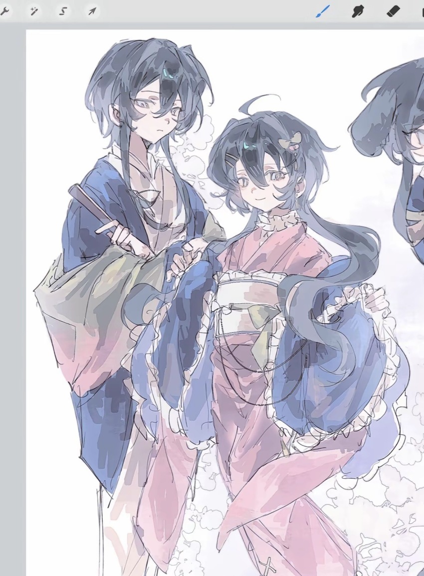 1boy, 1girl, ahoge, art_program_in_frame, black_hair, blue_haori, bow, call_of_cthulhu