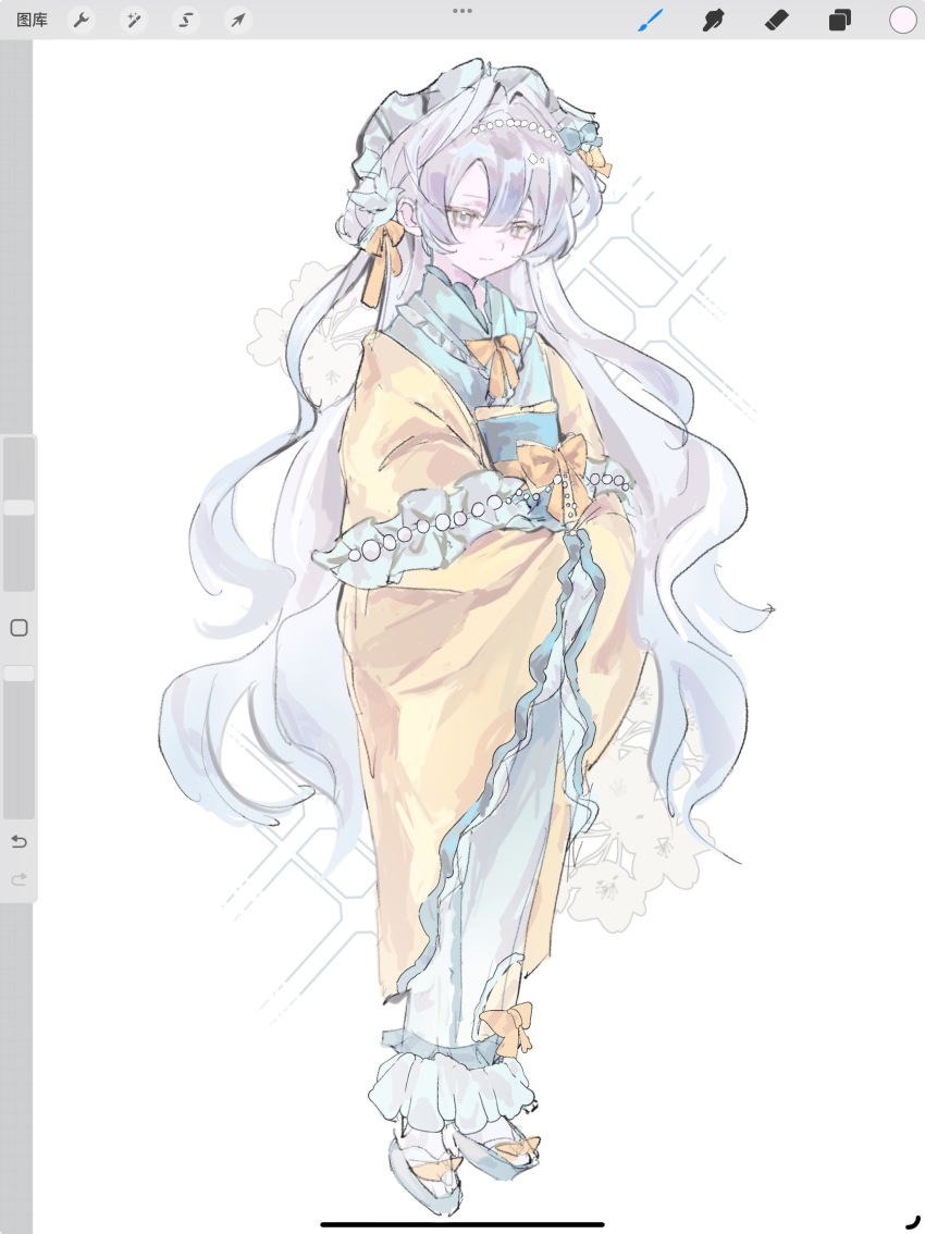 1girl, absurdres, aqua_eyes, aqua_kimono, aqua_sandals, aqua_sash, art_program_in_frame, bow