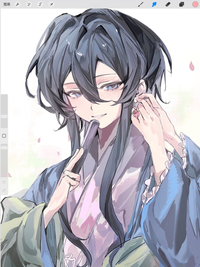 1boy, absurdres, art_program_in_frame, black_hair, blue_eyes, blue_haori, call_of_cthulhu, cherry_blossoms