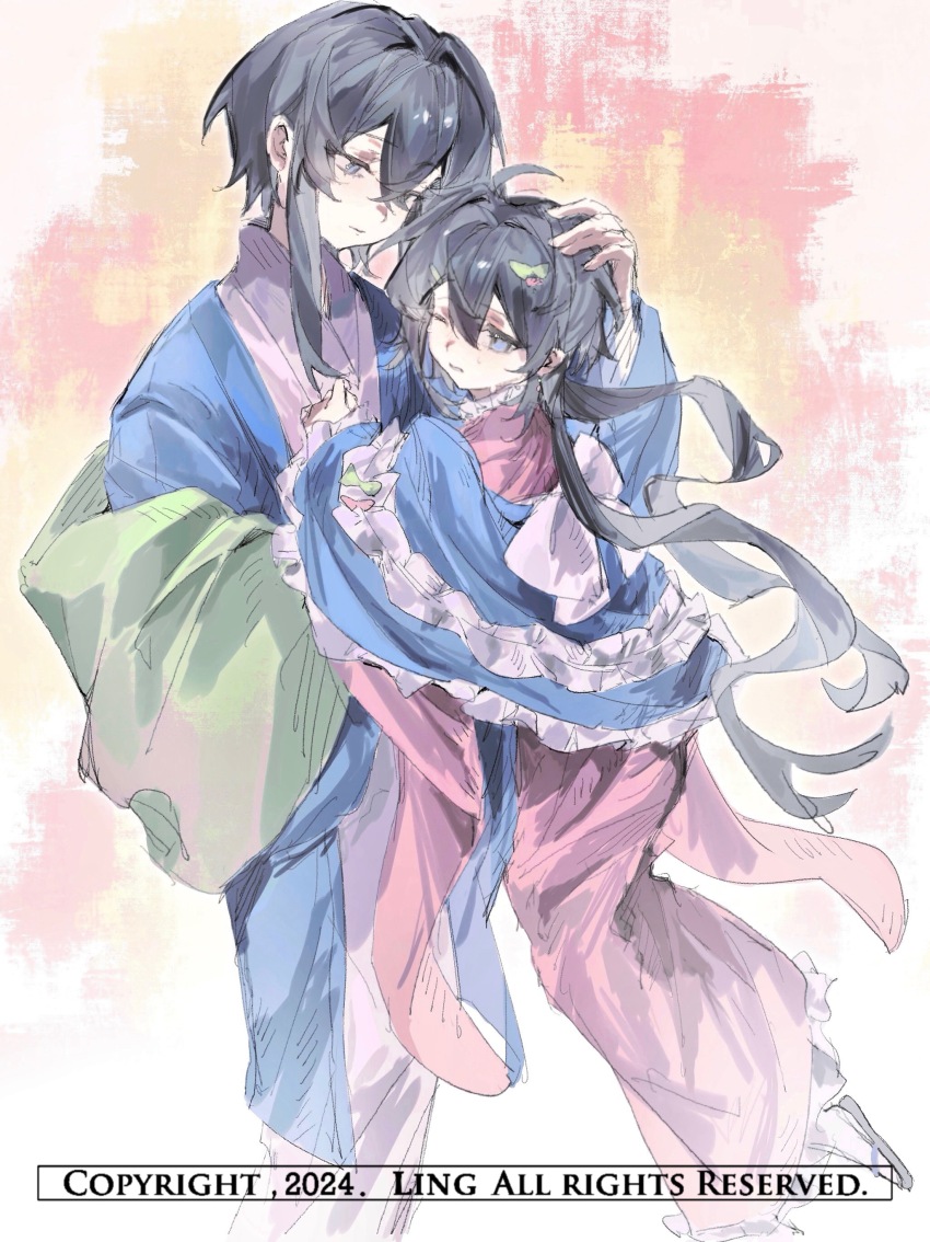 1boy, 1girl, 2024, absurdres, ahoge, back_bow, black_sandals, blue_eyes