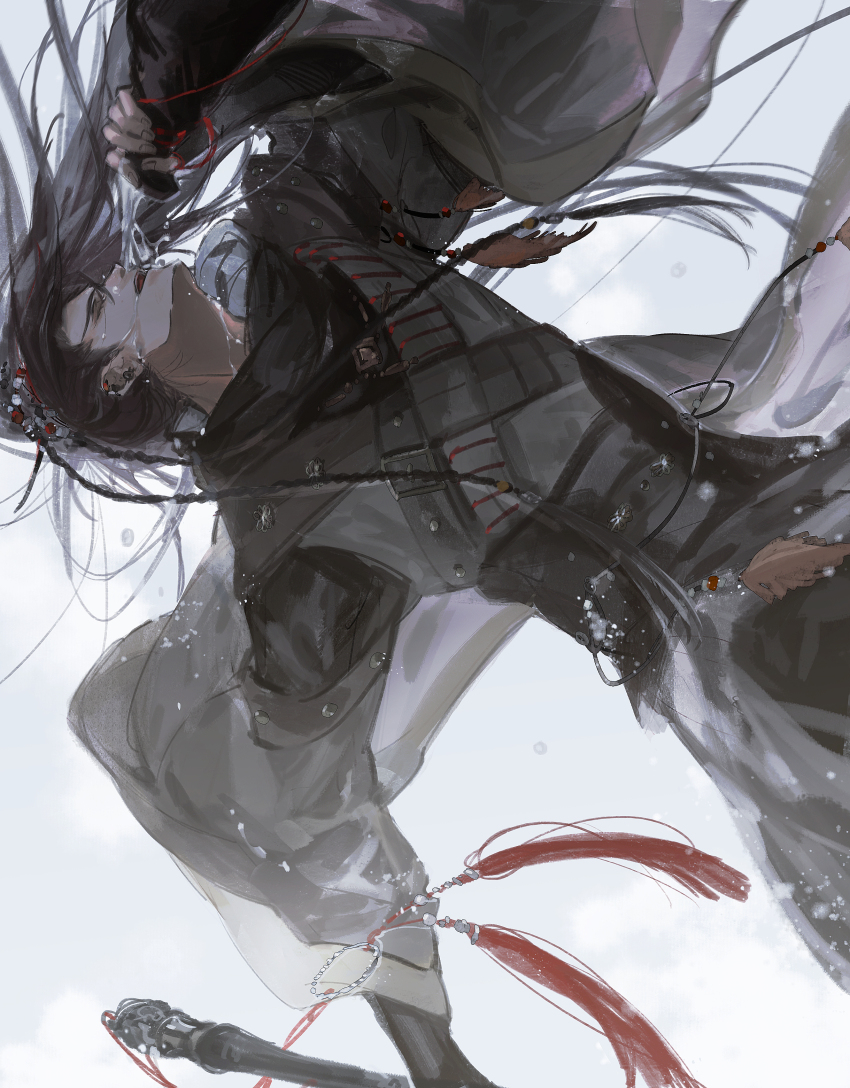 1boy, absurdres, alcohol, armor, belt, belt_buckle, black_armor, black_hair, braid, buckle, closed_eyes, cowboy_shot, drinking, ear_piercing, facing_up, falling, floating_hair, from_below, hair_floating_upwards, highres, holding, holding_sword, holding_weapon, jinguang_budaixi, kariwata, leather_armor, long_hair, long_sleeves, male_focus, multiple_braids, open_mouth, piercing, qianjin_xiao, solo, sword, tassel, teeth, weapon, white_background