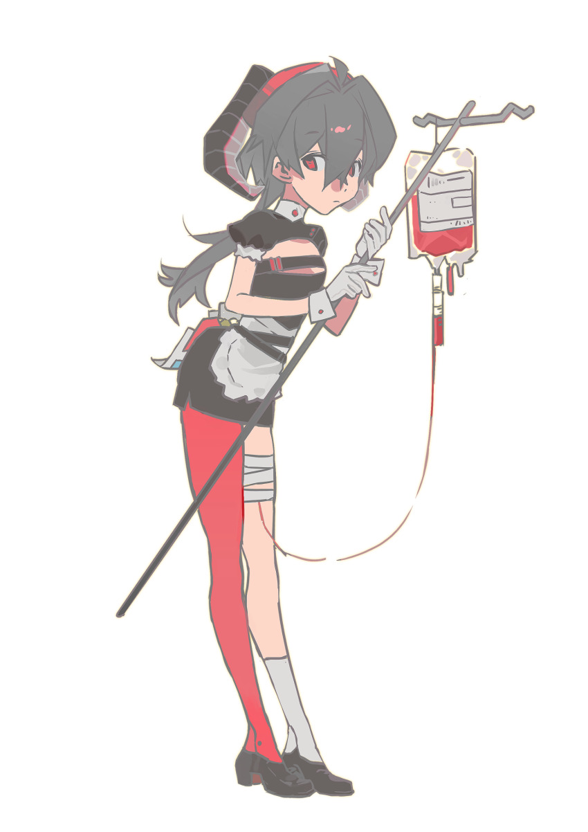 1girl, ahoge, apron, asymmetrical_legwear, bandaged_leg, bandages, black_dress, black_hair