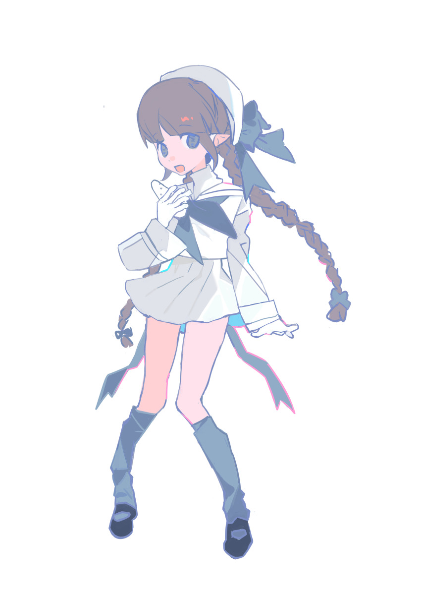 1girl, absurdres, back_ribbon, black_eyes, black_shoes, blue_bow, blue_neckerchief, blue_socks