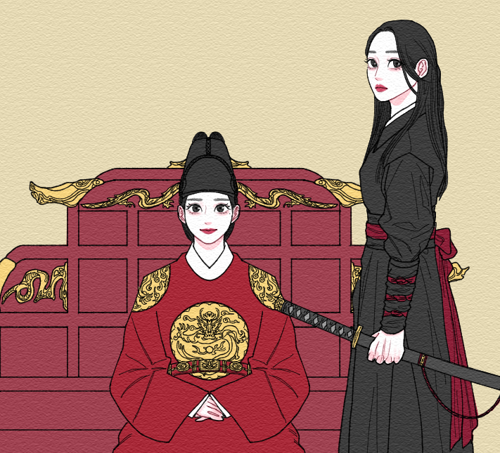 2girls, black_hair, closed_mouth, commentary_request, doo_twodot, hat, heejin_(loona), holding