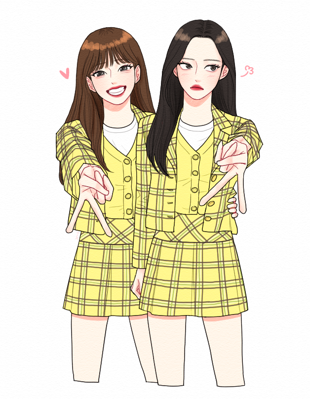 2girls, blunt_bangs, blush, brown_hair, chuu_(loona), commentary_request, cropped_legs, doo_twodot