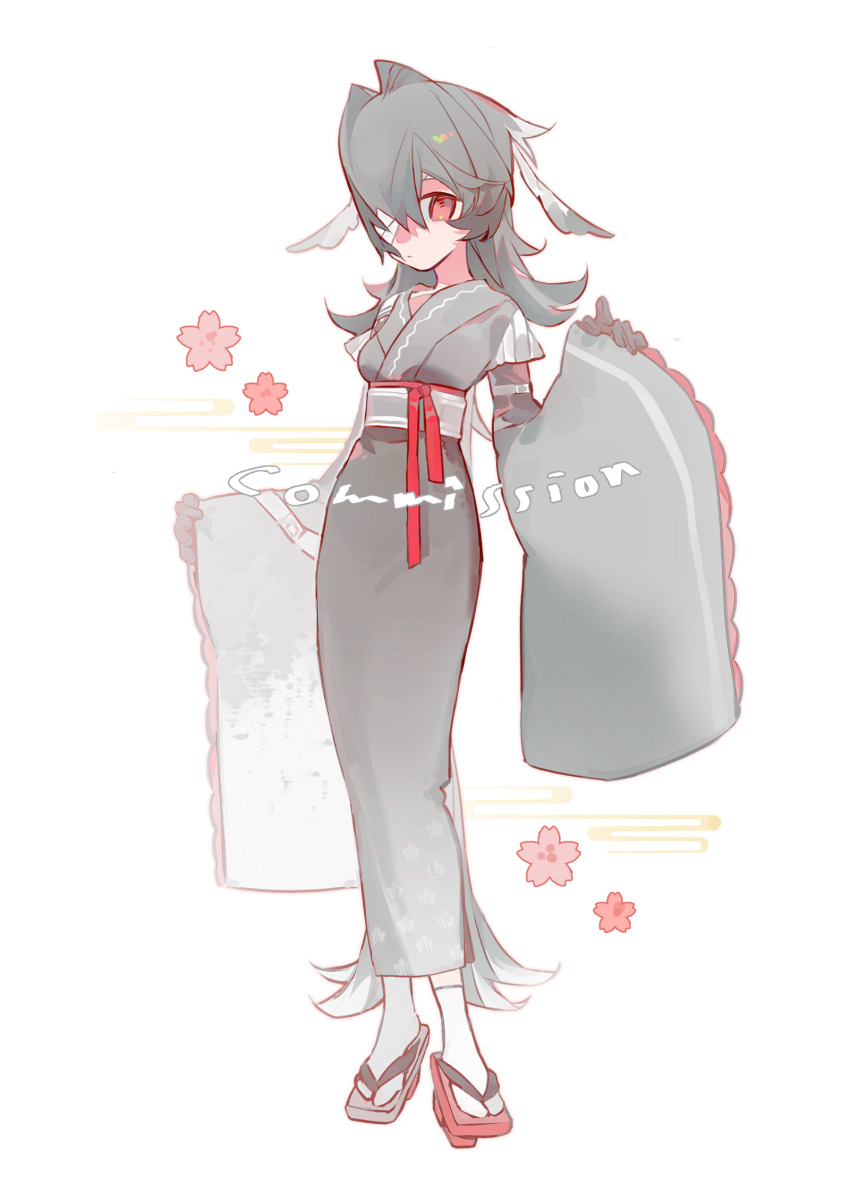 1girl, bandage_over_one_eye, black_gloves, black_hair, black_kimono, character_request, chinese_commentary, chuanhua, closed_mouth, commentary_request, commission, copyright_request, english_text, full_body, furisode, geta, gloves, grey_sash, highres, japanese_clothes, kimono, long_hair, obi, red_eyes, red_ribbon, red_sandals, ribbon, sandals, sash, shoes, simple_background, solo, tachi-e, very_long_hair, watermark, white_background, white_shoes, wide_sleeves