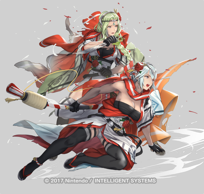 2girls, anklet, bare_shoulders, black_gloves, black_thighhighs, blue_hair, bow_(weapon), braid