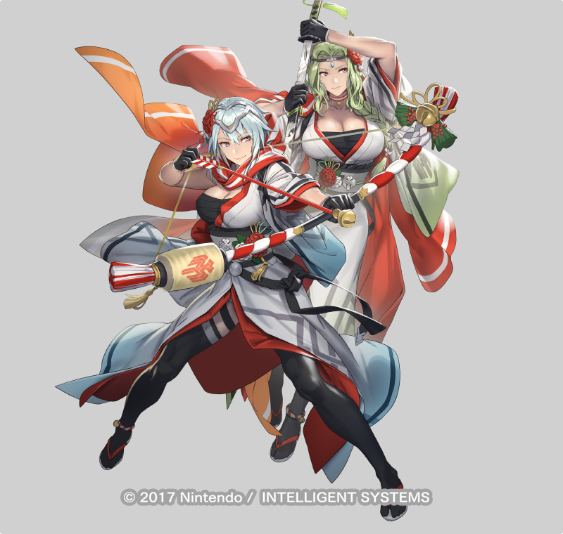 2girls, arrow_(projectile), black_gloves, black_thighhighs, blue_hair, bow_(weapon), braid, breasts