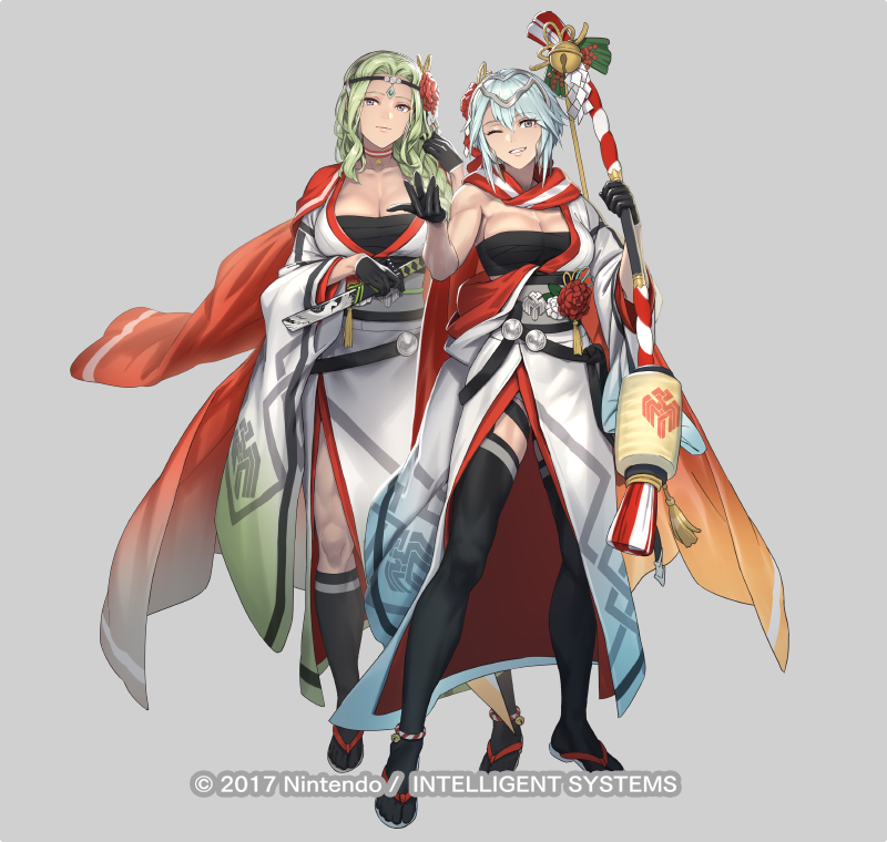 2girls, anklet, black_gloves, black_socks, black_thighhighs, blue_hair, bow_(weapon), braid