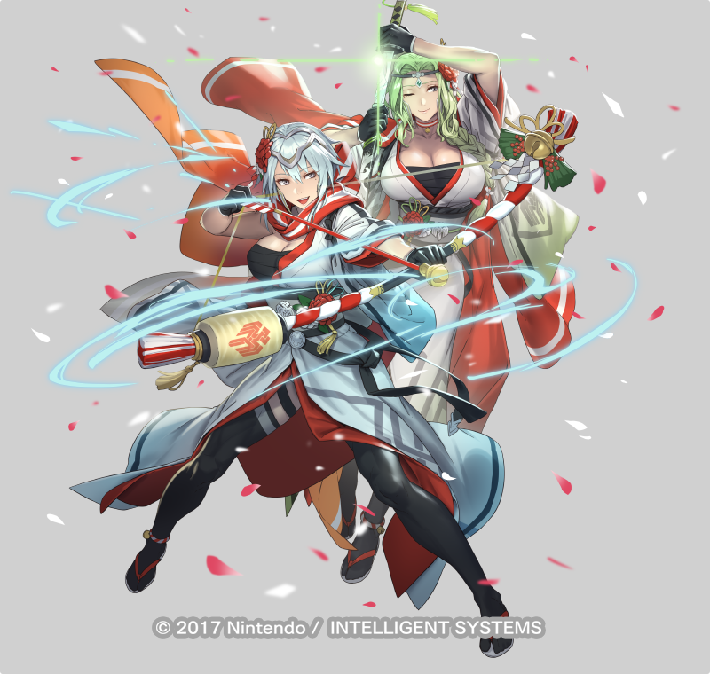 2girls, arrow_(projectile), black_gloves, black_thighhighs, blue_hair, bow_(weapon), braid, breasts