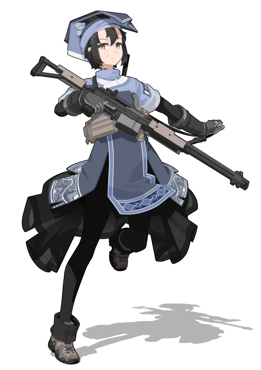 1girl, absurdres, black_eyes, black_gloves, black_hair, crossed_legs, dress, gloves, hat, highres, holding, holding_weapon, lidi_ahye-yesemo, looking_at_viewer, nusisring_tactical, short_hair, vectorek, weapon, white_background