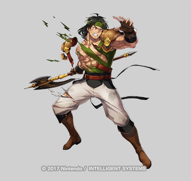 1boy, abs, axe, bandages, belt, black_hair, boots, copyright_notice