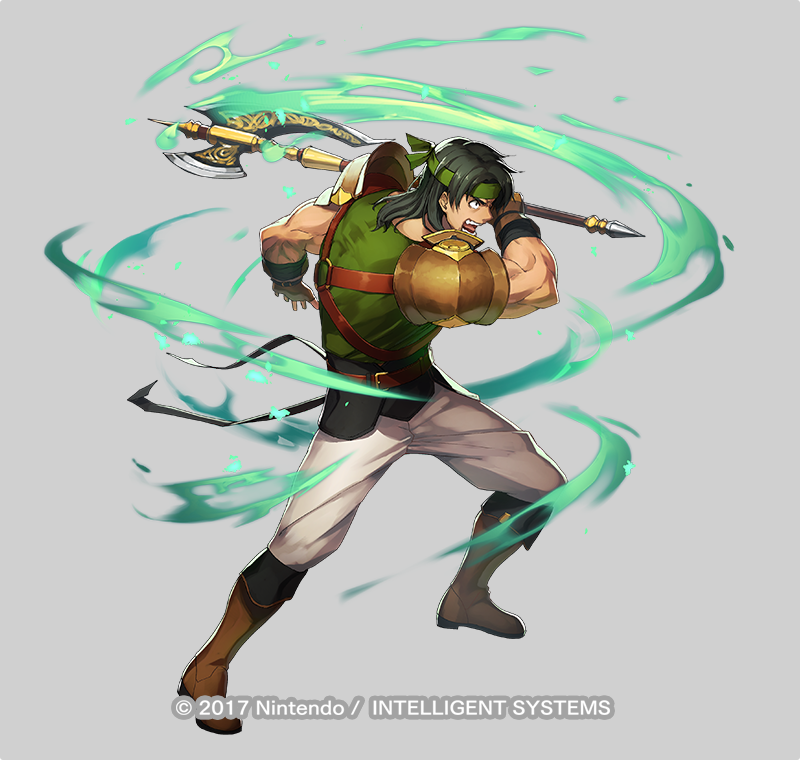 1boy, aura, axe, bandages, belt, black_hair, boots, copyright_notice