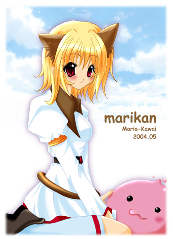 1girl, 2004, :3, animal_ears, artist_name, bad_id, black_shoes, blonde_hair, blue_sky, breasts, cat_ears, closed_mouth, cloud, commentary_request, dated, dress, game_master_(ragnarok_online), hair_between_eyes, juliet_sleeves, kawai_maria, kneehighs, long_sleeves, lowres, medium_breasts, poring, puffy_sleeves, ragnarok_online, red_eyes, shoes, short_dress, short_hair, sitting, sky, slime_(creature), smile, socks, white_dress, white_socks