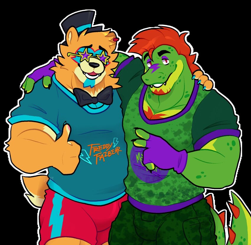 2boys, alligator_boy, animal_ears, arm_around_shoulder, bara, bear_boy, bear_ears, beard, blue_shirt, bow, bowtie, brown_fur, character_name, commentary, crocodilian_tail, english_commentary, facial_hair, facial_mark, fangs, fingerless_gloves, five_nights_at_freddy's, five_nights_at_freddy's:_security_breach, furry, furry_male, glamrock_freddy, gloves, green_pants, green_scales, green_shirt, hat, highres, leam_lemonade, looking_at_viewer, male_focus, montgomery_gator, multiple_boys, open_mouth, pants, red_hair, red_shorts, shirt, shorts, smile, star-shaped_eyewear, star_(symbol), sunglasses, tail, thumbs_up, top_hat, v