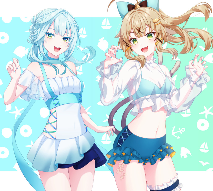 2girls, absurdres, alternate_costume, alternate_hairstyle, animal_ears, aqua_hair, bikini, blonde_hair