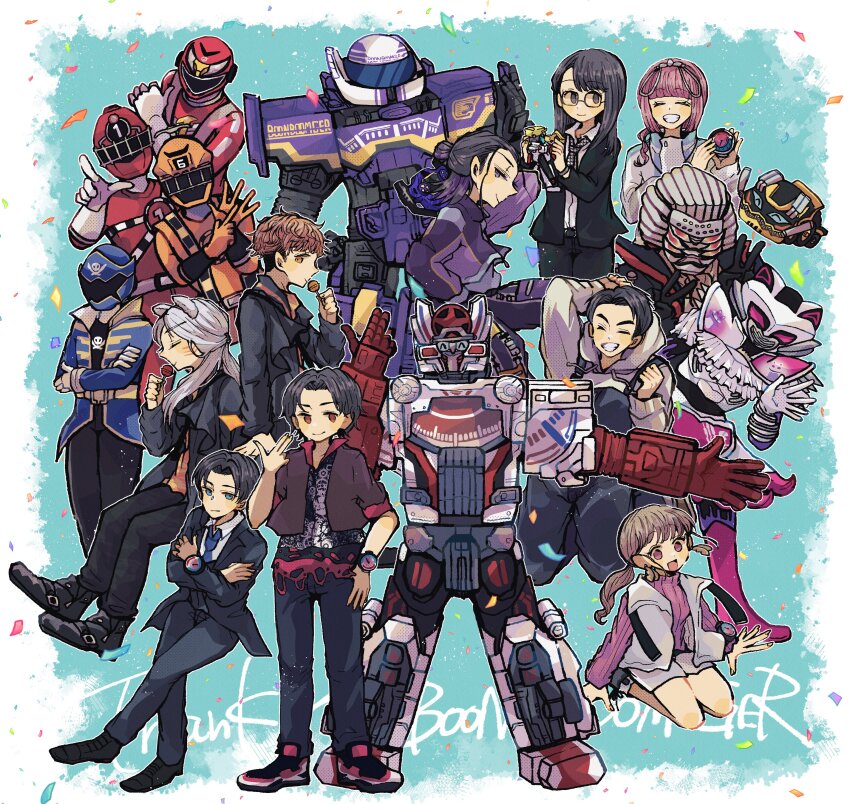 absurdres, akuse_jou, bakuage_sentai_boonboomger, belt, black_hair, bodysuit, brown_eyes, brown_hair