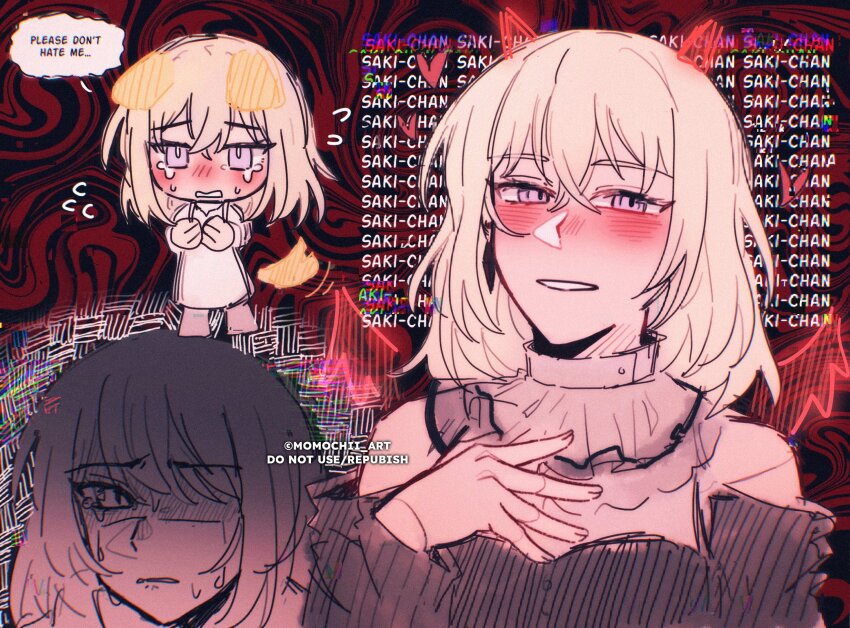 1girl, bang_dream!, bang_dream!_it's_mygo!!!!!, blonde_hair, blush, clothing_cutout, commentary, crying, doloris_(bang_dream!), drawn_ears, drawn_horns, drawn_tail, drawn_wings, english_commentary, english_text, hand_on_own_chest, highres, looking_at_viewer, medium_hair, misumi_uika, momochii_art, multiple_views, parted_lips, purple_eyes, red_background, shoulder_cutout, smile, speech_bubble, tears, yandere, zalgo_commentary