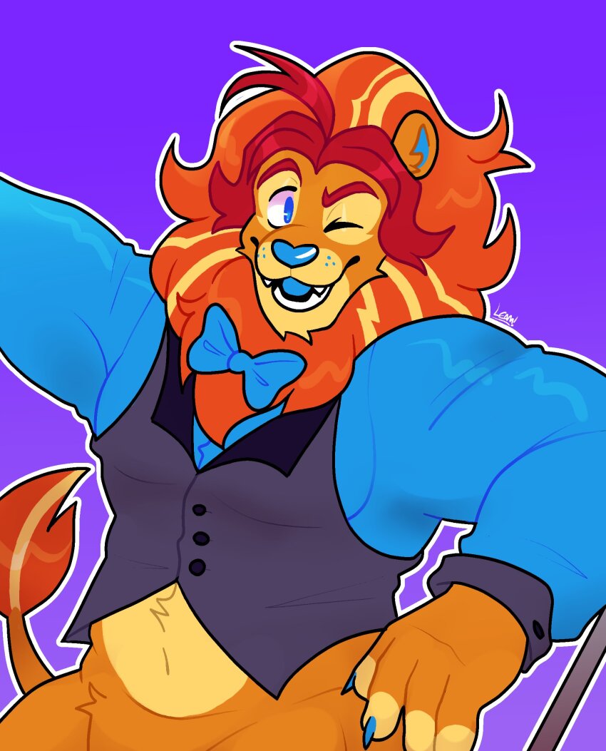 1boy, bara, black_vest, blue_shirt, claws, commentary, english_commentary, furry