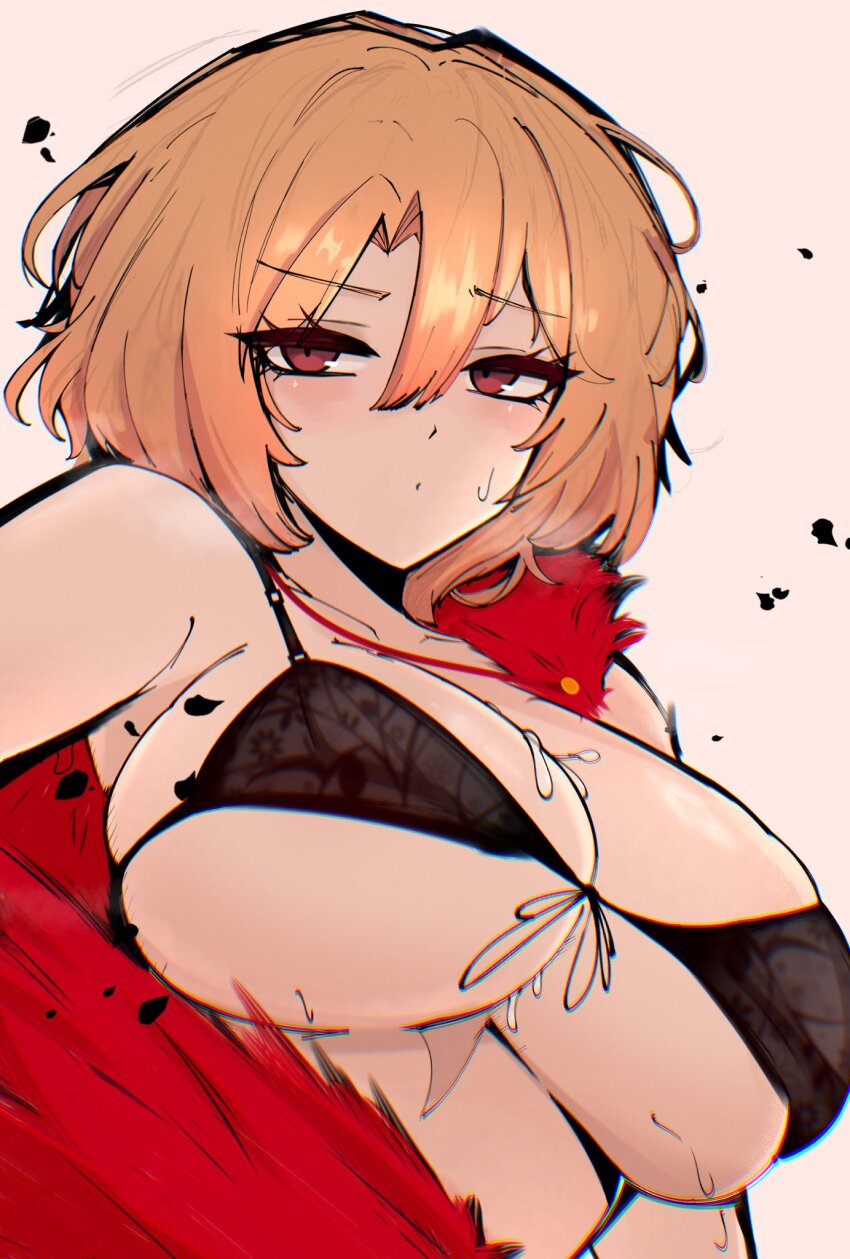 1girl, bikini, blonde_hair, breasts, cleavage, collarbone, don_quixote_(project_moon), fur_trim, highres, large_breasts, limbus_company, m_ayonessa, medium_hair, project_moon, red_eyes, sancho_(project_moon), solo, sweat, swimsuit, underboob, upper_body, wet, white_background