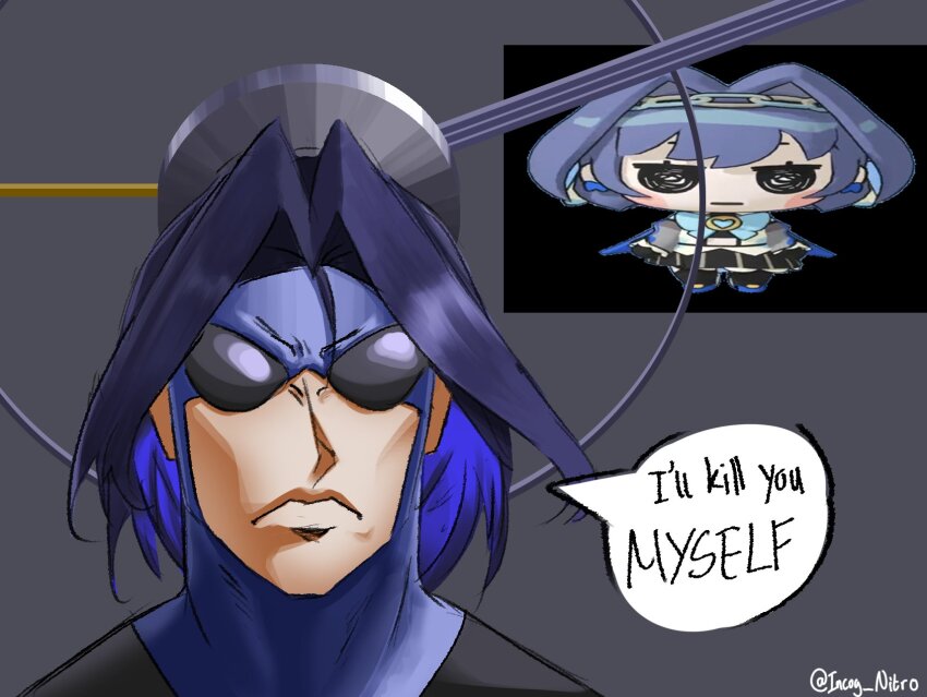 1girl, alternate_costume, blue_hair, chibi, cosplay, hair_intakes, halo, highres, hololive, hololive_english, incog_nitr0, invincible_(character), invincible_(character)_(cosplay), invincible_(series), invincible_war_oc_(meme), looking_at_viewer, mechanical_halo, meme, multicolored_hair, ouro_kronii, short_hair, solo, virtual_youtuber