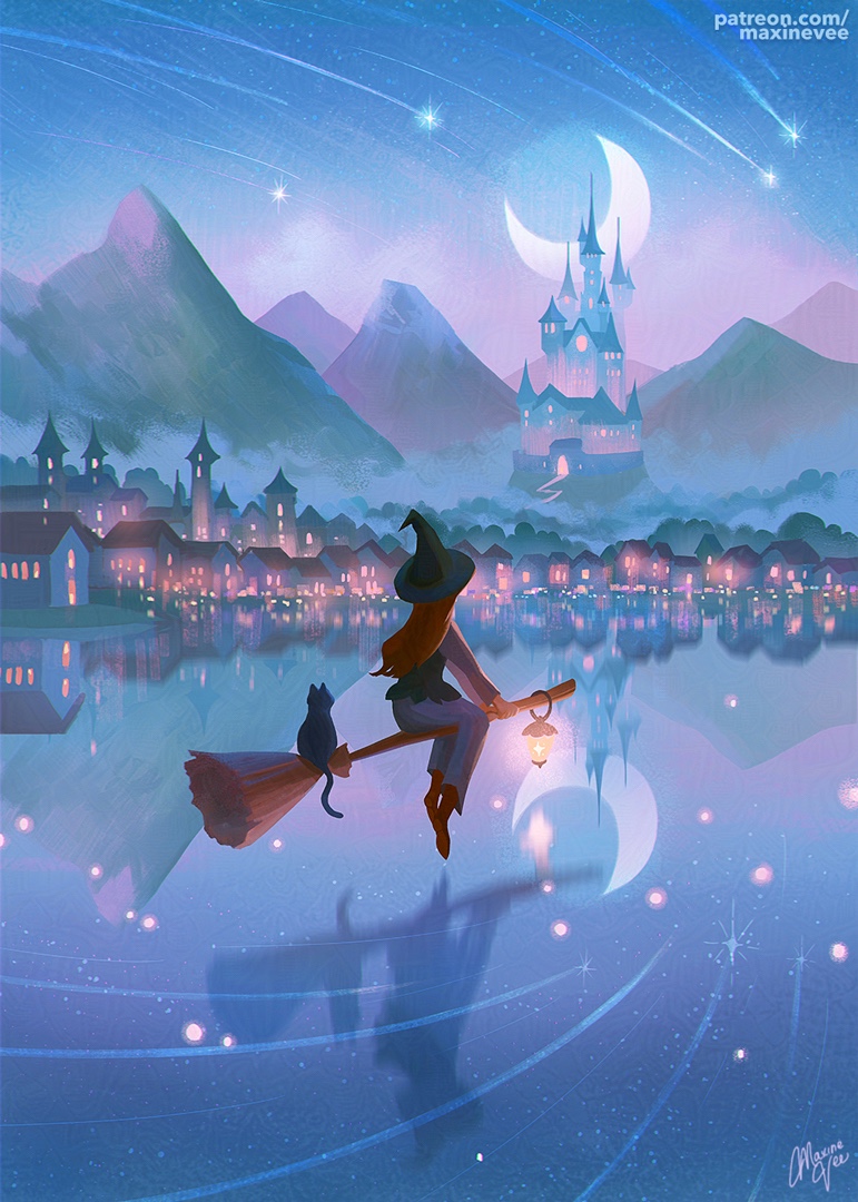 1girl, adversarial_noise, black_cat, black_hat, black_vest, boots, broom, broom_riding