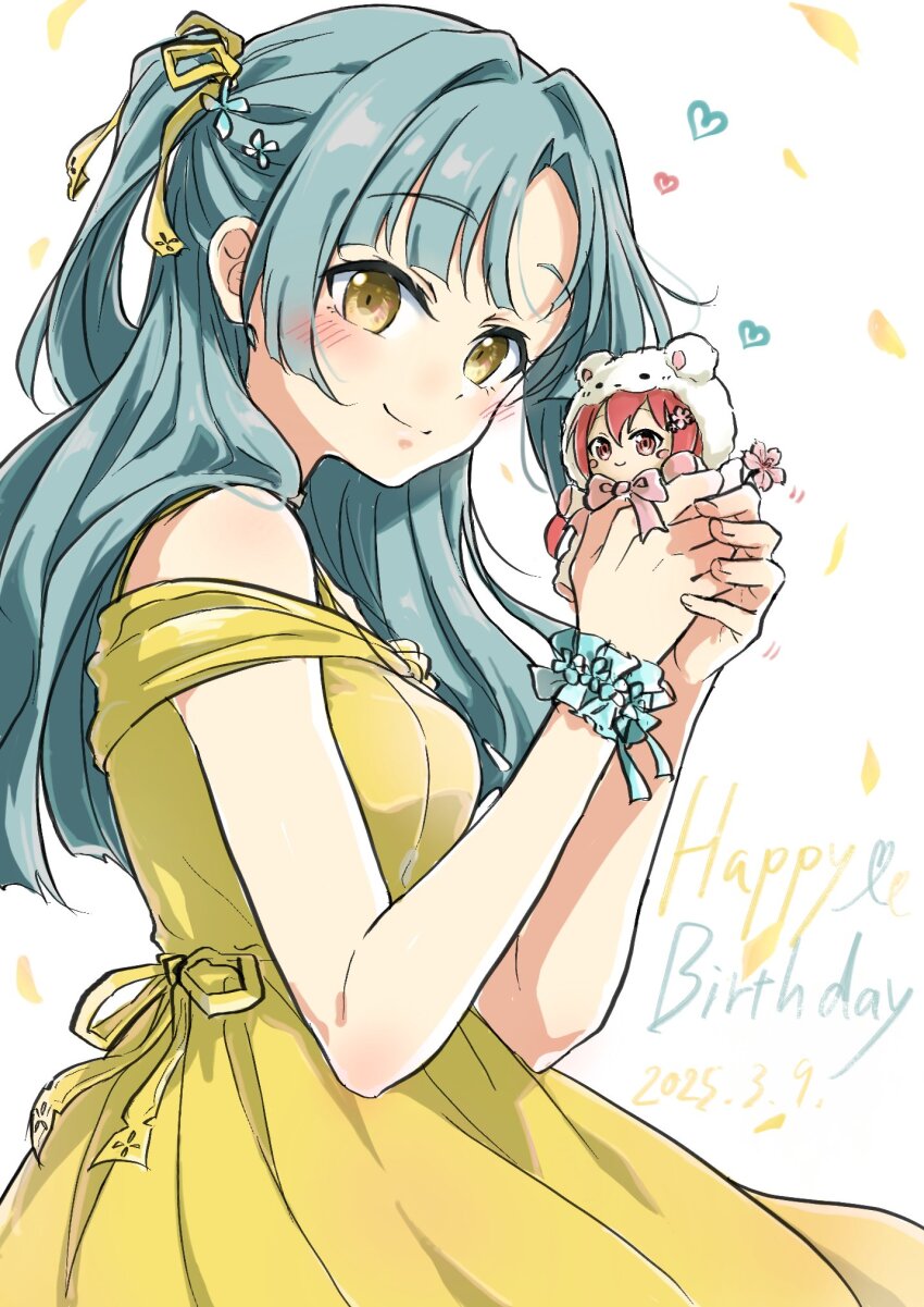 1girl, animal_costume, animal_hood, bear_costume, bear_hood, blue_hair, blush, breasts