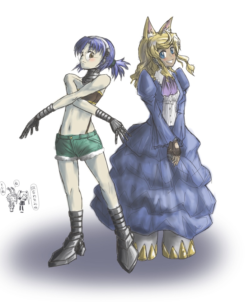 4girls, aiko_(magipoka), aiko_(magipoka)_(cosplay), android, animal_ear_fluff, animal_ears, aqua_shorts, bare_shoulders, blonde_hair, blue_dress, blue_eyes, blue_hair, brown_eyes, brown_gloves, cosplay, costume_switch, dark-skinned_female, dark_skin, dress, facial_mark, fingerless_gloves, gloves, hairband, joints, juliet_sleeves, legs_apart, liru, liru_(cosplay), long_hair, long_sleeves, multiple_girls, navel, oso_(toolate), pachira, ponytail, puffy_sleeves, renkin_san-kyuu_magical_pokaan, robot_joints, screw, short_hair, short_ponytail, shorts, simple_background, smile, speech_bubble, standing, translation_request, v_arms, whisker_markings, white_background, white_hairband, wolf_ears, wolf_girl, yuuma_(magipoka)