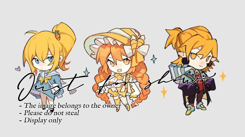 1boy, 2girls, asymmetrical_legwear, black_shoes, blonde_hair, blue_dress, blue_eyes, bonnet