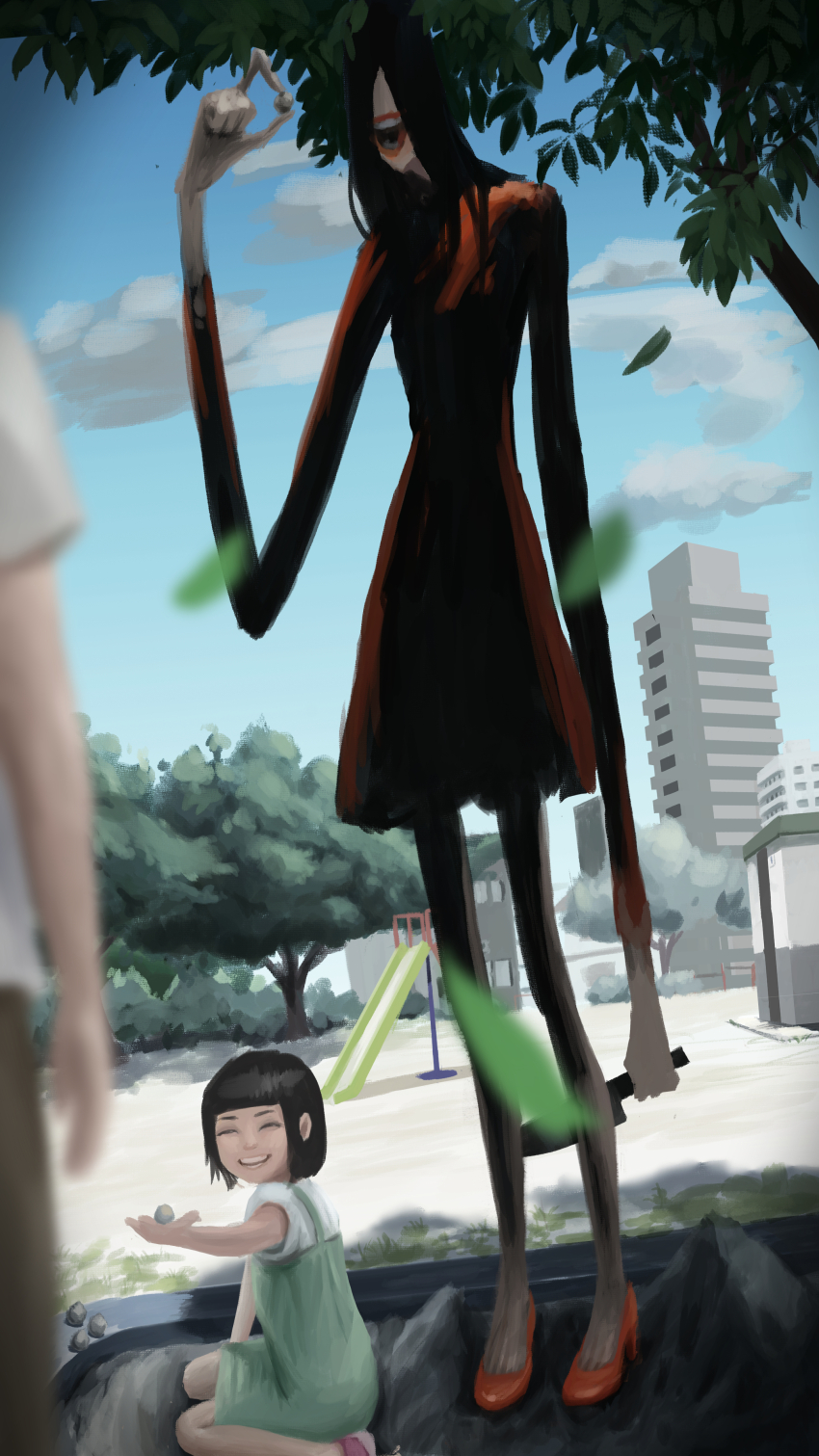 1boy, 2girls, absurdres, black_hair, closed_eyes, dress, high_heels, highres
