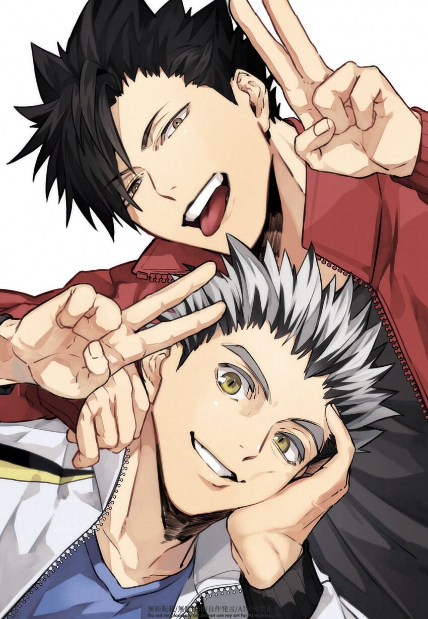 2boys, :d, black_hair, black_shirt, blue_shirt, bokuto_koutarou, collared_jacket, commentary_request