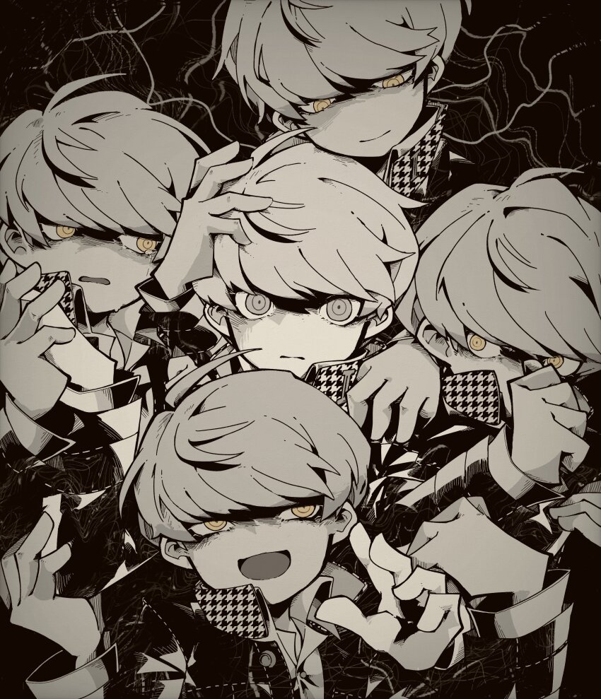 absurdres, akekawa1536, arm_up, arms_up, collared_jacket, collared_shirt, dot_nose, greyscale