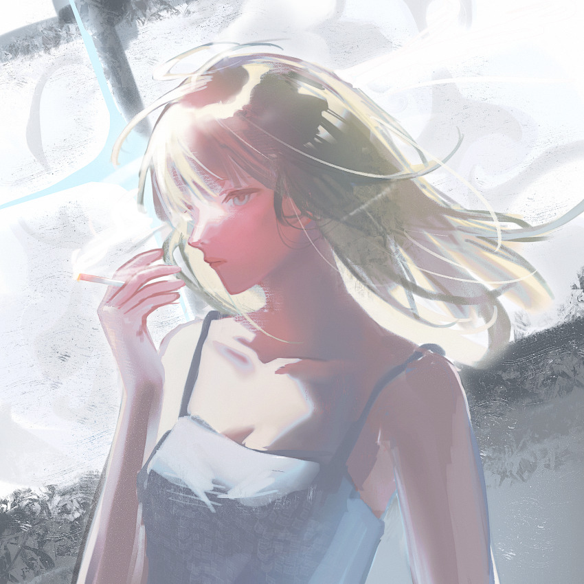 1girl, blonde_hair, blue_eyes, breasts, camisole, chinese_commentary, cigarette, cleavage, closed_mouth, collarbone, commentary_request, disco_elysium, film_grain, floating_hair, grey_camisole, hand_up, highres, holding, holding_cigarette, klaasje_amandou, shuimian_feixing, smoke, solo, spaghetti_strap, upper_body