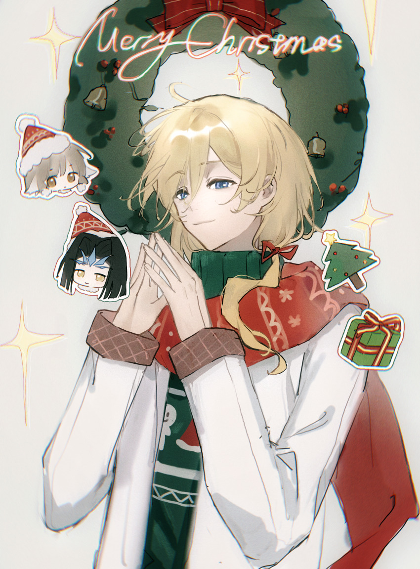 1girl, 2boys, ashura-ou, bell, black_hair, blonde_hair, blue_eyes, brown_eyes