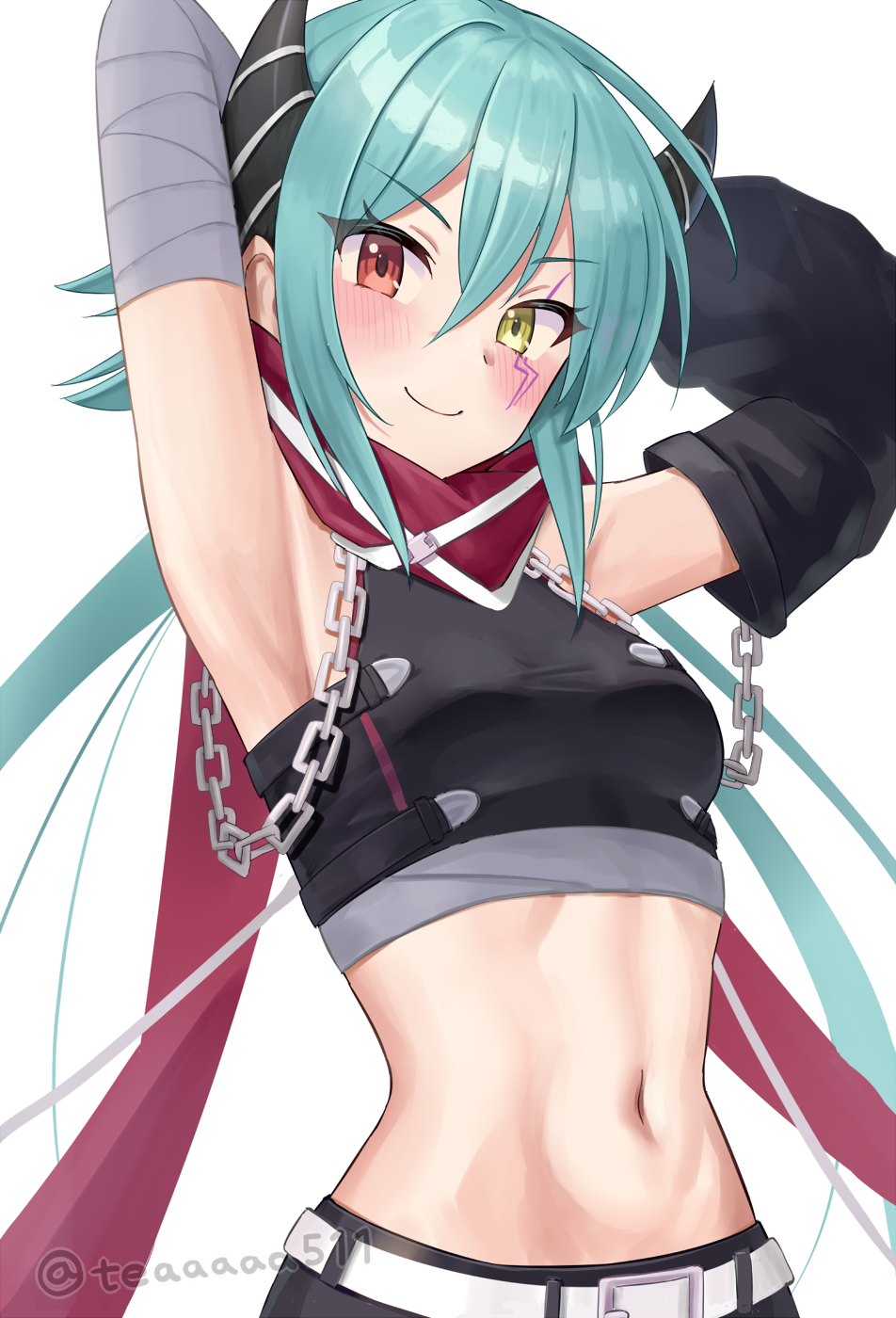 1girl, anna_(princess_connect!), armpits, arms_up, artist_name, bandaged_arm, bandages, belt, belt_buckle, black_horns, black_shirt, black_sleeves, black_socks, blue_hair, breasts, buckle, chain, chuunibyou, closed_mouth, crop_top, heterochromia, highres, horns, medium_breasts, midriff, navel, princess_connect!, px-tea, red_eyes, red_scarf, scarf, shirt, sidelocks, simple_background, smile, socks, solo, white_belt, yellow_eyes