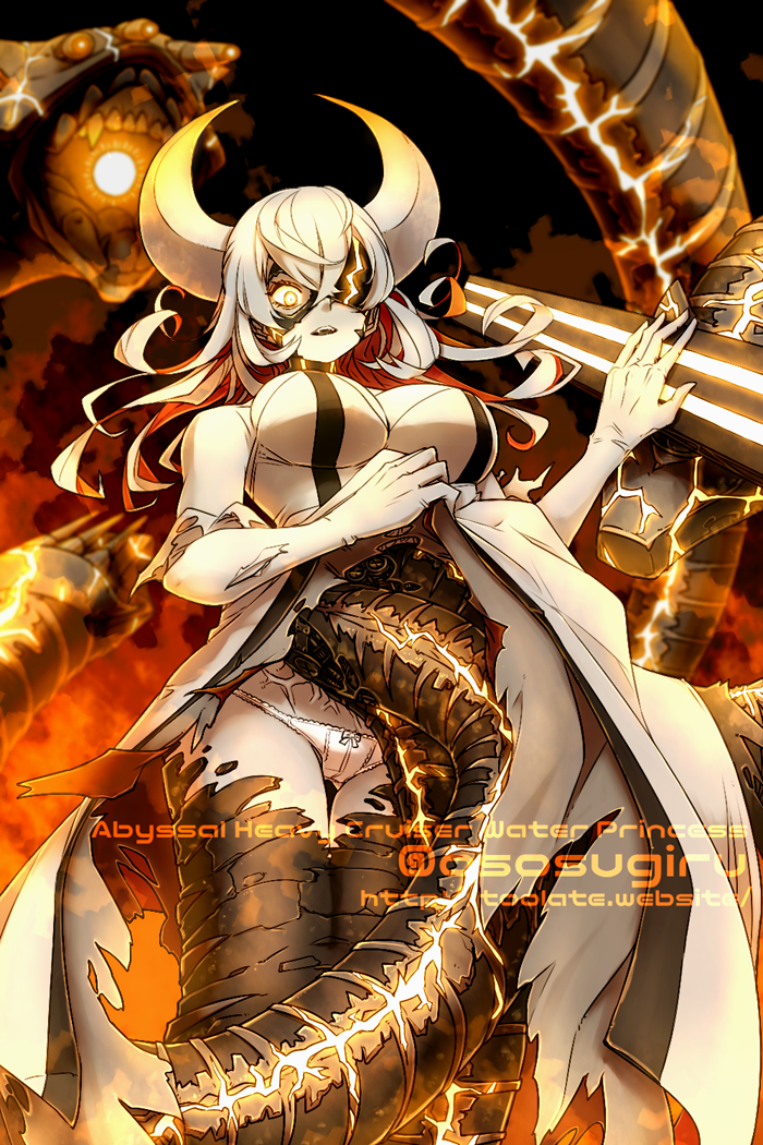 1girl, abyssal_heavy_cruiser_water_princess, abyssal_ship, bare_shoulders, breasts, character_name, cleavage, colored_inner_hair