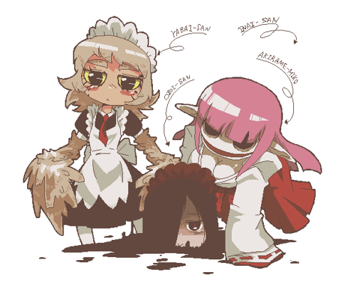 3girls, :<, akirame_miko, apron, arrow_(symbol), bird_wings, black_dress, black_eyes