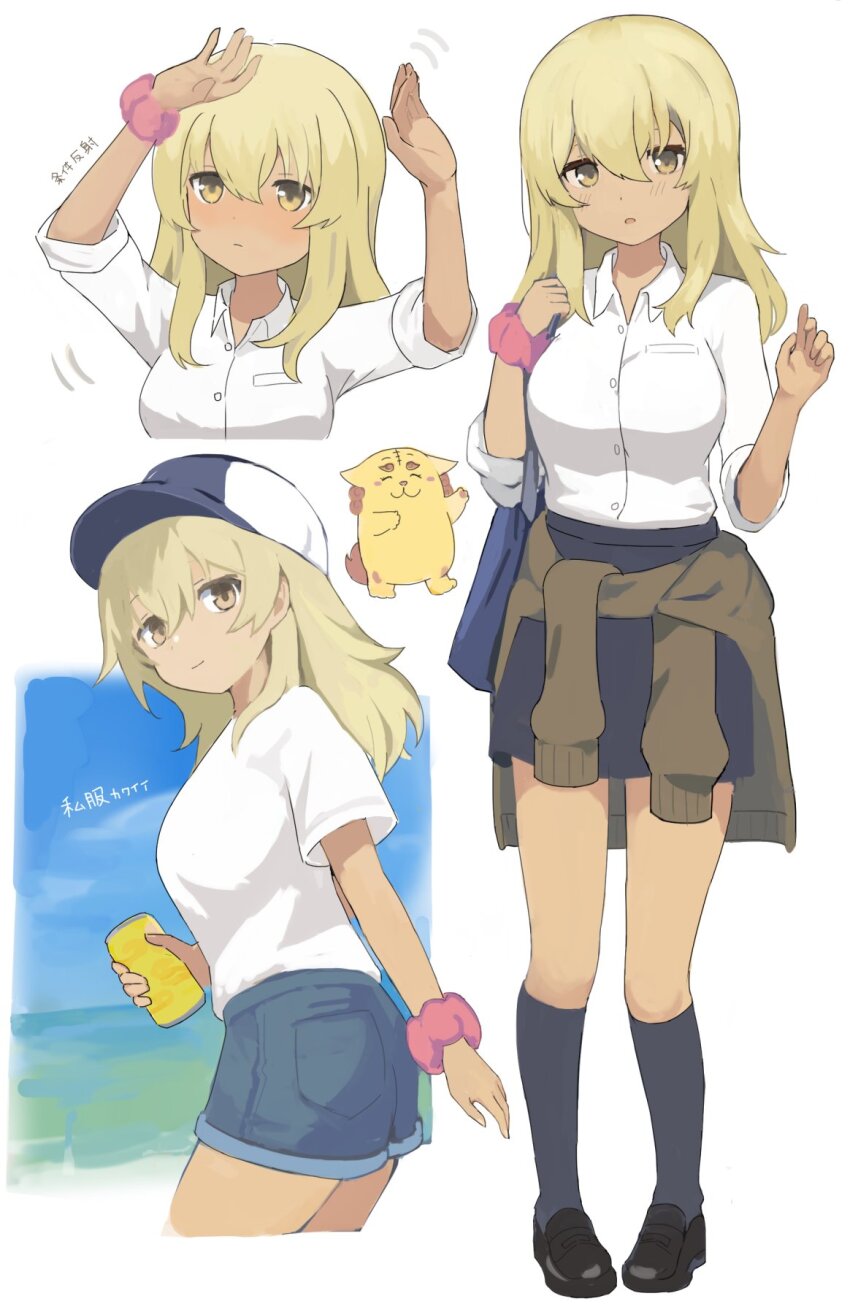 1girl, bag, baseball_cap, black_shoes, black_skirt, black_socks, blonde_hair, blush