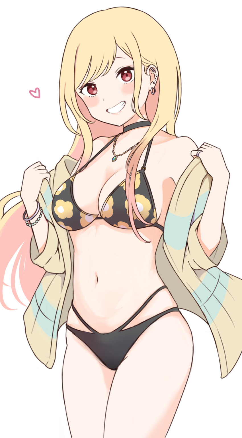1girl, absurdres, bikini, black_bikini, black_choker, blonde_hair, blush, bracelet
