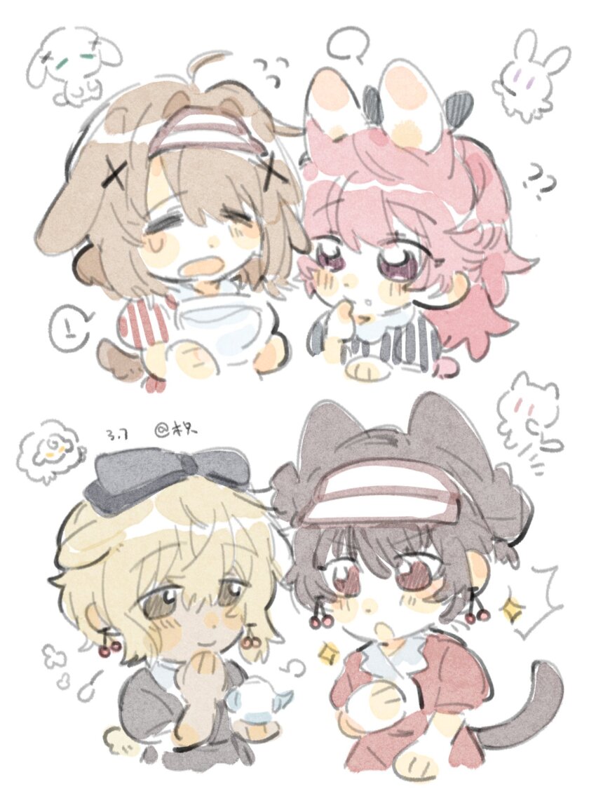 !, 4girls, ?, ??, ahoge, animal_ears, black_bow, black_dress