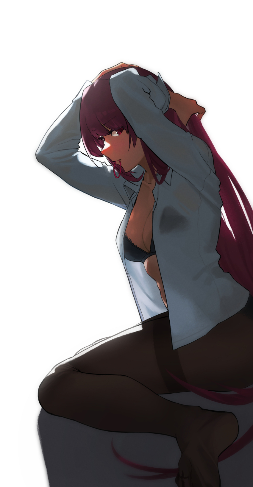 1girl, adjusting_hair, black_bra, black_pantyhose, bra, breasts, cleavage, closed_mouth, collared_shirt, commentary, feet, girls'_frontline, hair_elastic, highres, long_hair, looking_at_viewer, no_shoes, open_clothes, open_shirt, pantyhose, purple_hair, pyo_79, red_eyes, shirt, simple_background, soles, solo, underwear, wa2000_(girls'_frontline), white_background, white_shirt