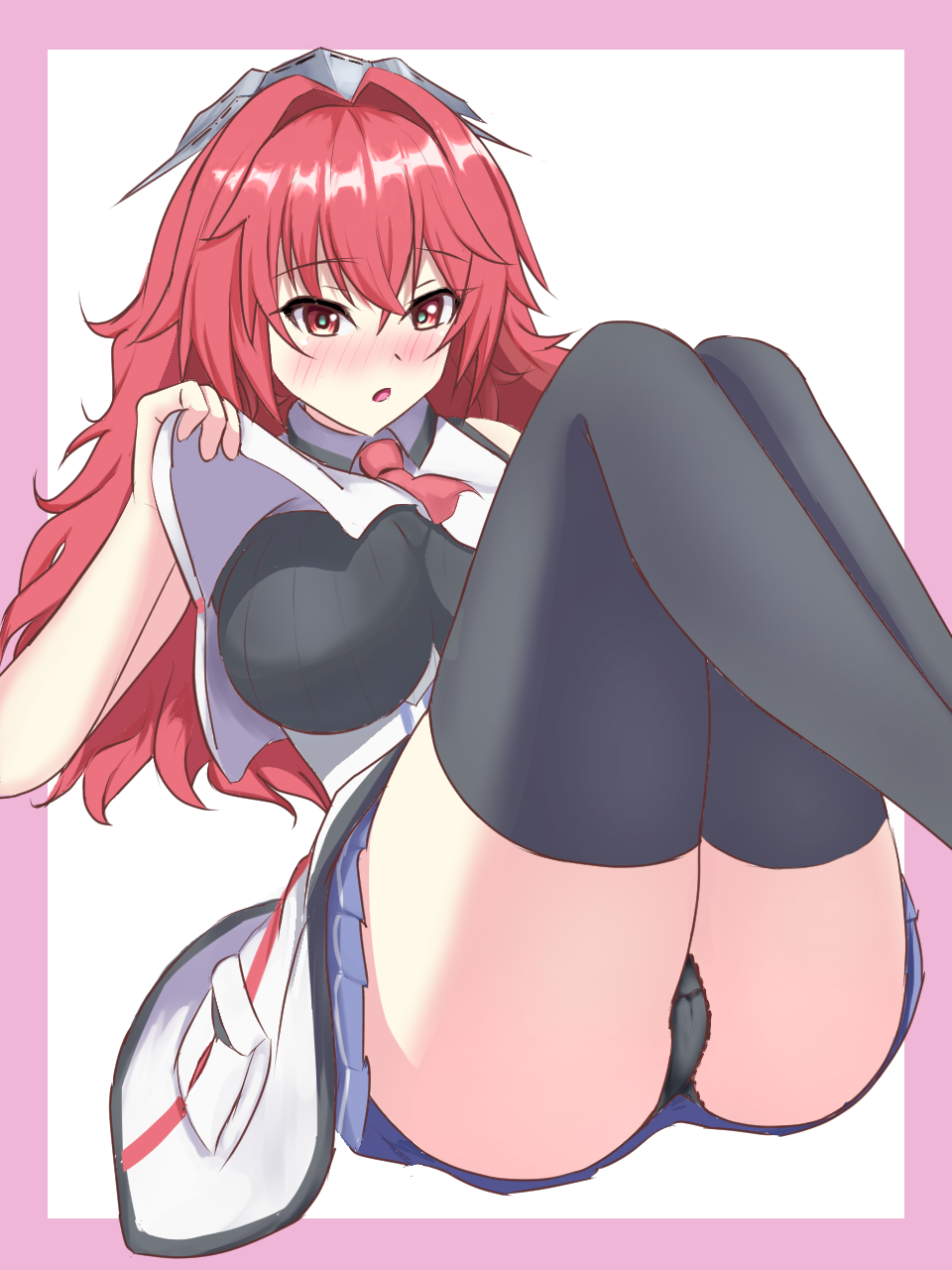 1girl, ascot, black_panties, black_thighhighs, blue_skirt, border, breasts, clothes_lift