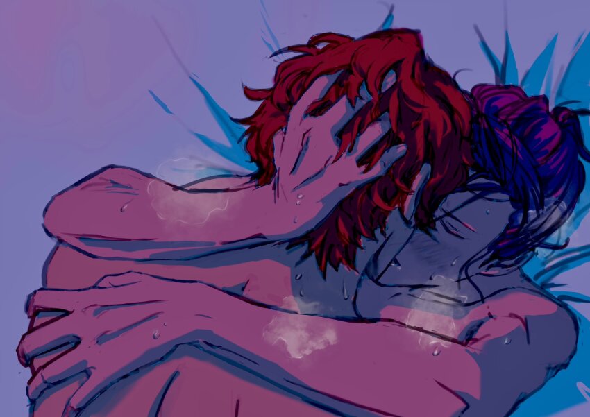 2boys, arm_around_another's_back, bed_sheet, blue_hair, blush, breath, closed_eyes, collarbone, commentary_request, felix_hugo_fraldarius, fire_emblem, fire_emblem:_three_houses, ginger_8888, hand_in_another's_hair, highres, kiss, lying, male_focus, multiple_boys, nintendo, nude, on_back, red_hair, sweat, sylvain_jose_gautier, upper_body, very_sweaty, yaoi