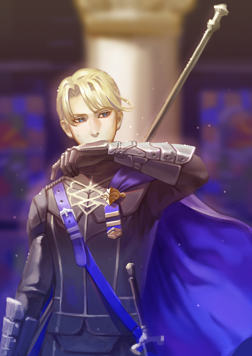 1boy, absurdres, arm_up, armored_gloves, belt, belt_buckle, black_gloves, black_pants