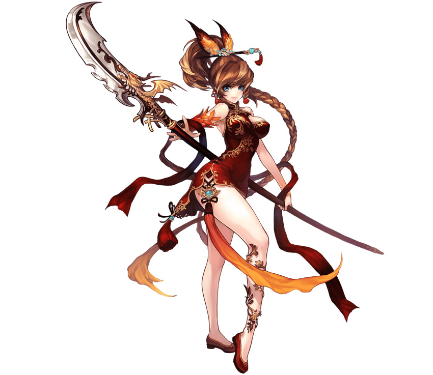 1girl, blue_eyes, braid, breasts, brown_hair, china_dress, chinese_clothes, closed_mouth