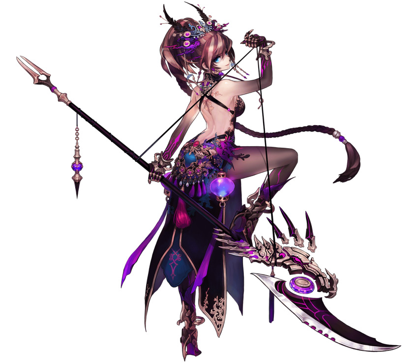1girl, aqua_eyes, back, back_cutout, blue_eyes, closed_mouth, clothing_cutout, dress, foot_on_weapon, full_body, guan_dao, hair_ornament, high_heels, highres, holding, holding_polearm, holding_weapon, looking_at_viewer, multicolored_hair, official_alternate_costume, official_art, olivia_(yh), phantom_of_the_kill, polearm, ponytail, purple_dress, qinglong_yanyue_dao, seiryuu_engetsutou_(phantom_of_the_kill), sideways_glance, simple_background, solo, standing, standing_on_one_leg, third-party_source, transparent_background, two-tone_hair, weapon, weapon_strap