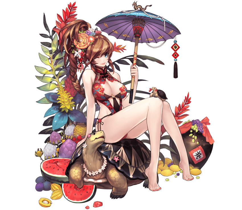 1girl, ;), arm_support, blue_umbrella, braid, breasts, brown_hair, closed_mouth, flower, food, fruit, full_body, hair_flower, hair_ornament, highres, holding, holding_umbrella, looking_at_viewer, nail_polish, official_alternate_costume, official_art, oil-paper_umbrella, olivia_(yh), on_turtle, one-piece_swimsuit, one_eye_closed, phantom_of_the_kill, red_one-piece_swimsuit, seiryuu_engetsutou_(phantom_of_the_kill), simple_background, single_braid, sitting, smile, solo, swimsuit, third-party_source, toenail_polish, toenails, transparent_background, turtle, umbrella, watermelon