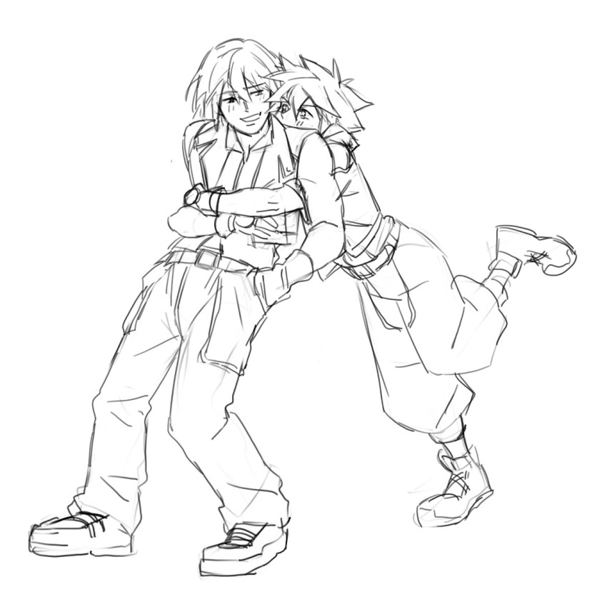 2boys, grin, hug, hug_from_behind, kingdom_hearts, large_shoes, leg_up, loiska_j