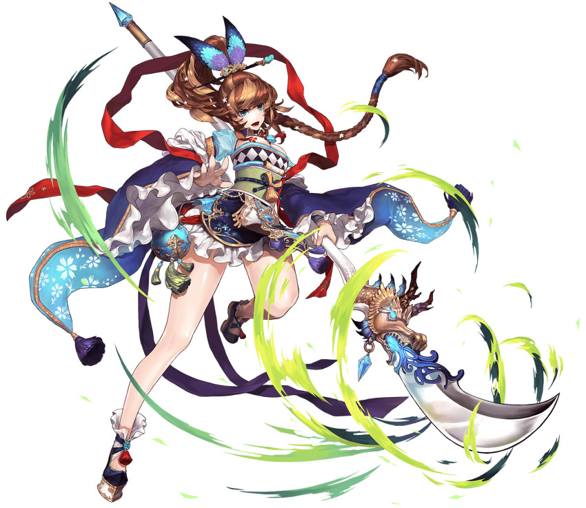 1girl, blue_eyes, braid, breasts, brown_hair, detached_sleeves, full_body, guan_dao